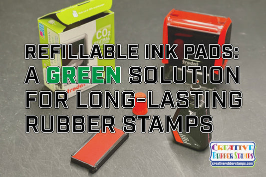 Refillable ink pads with packaging on a gray background, featuring text about green solution for rubber stamps.