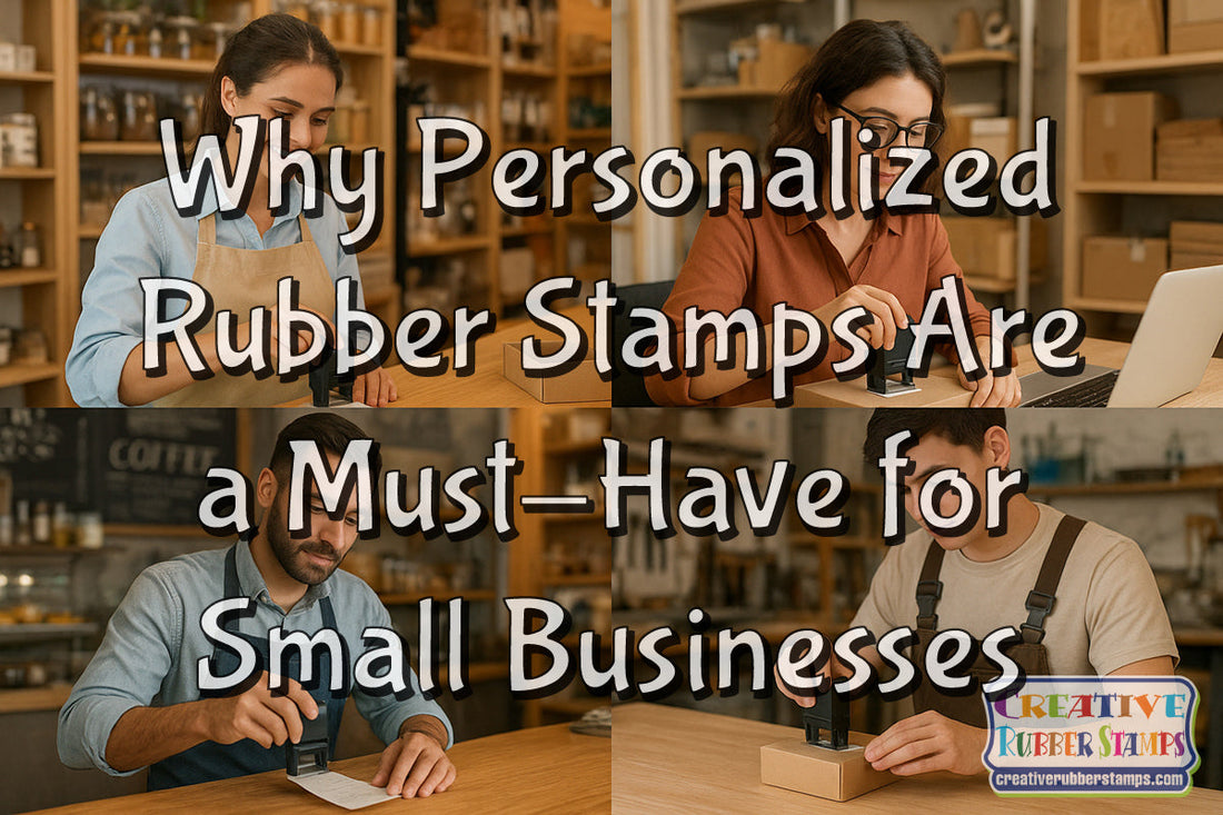 A photo of small business owners using a self-inking rubber stamp