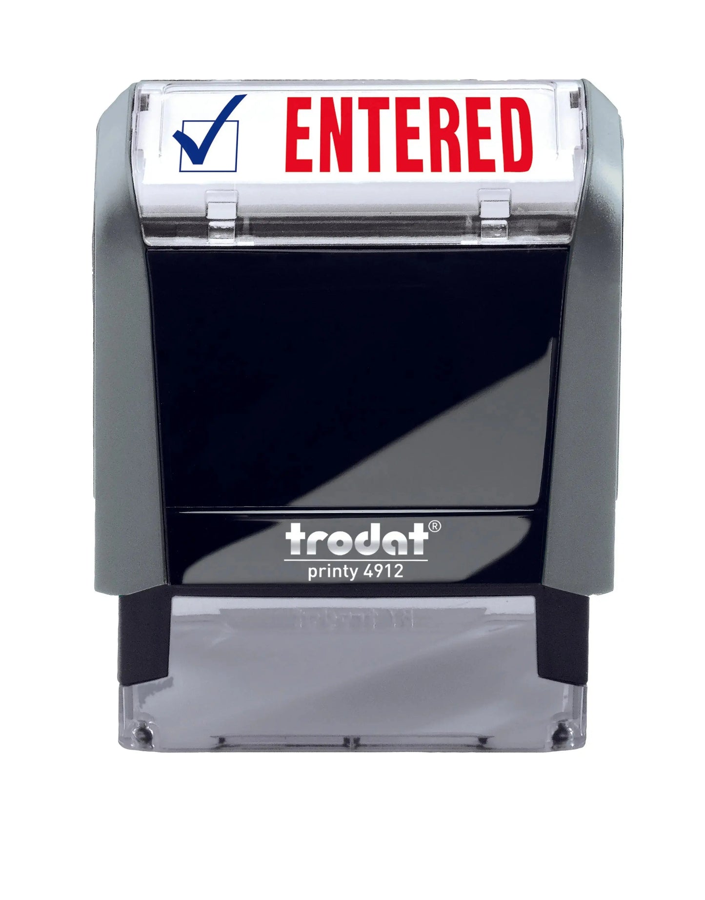 Trodat self-inking stamp with 'ENTERED' text and checkmark symbol on a white background
