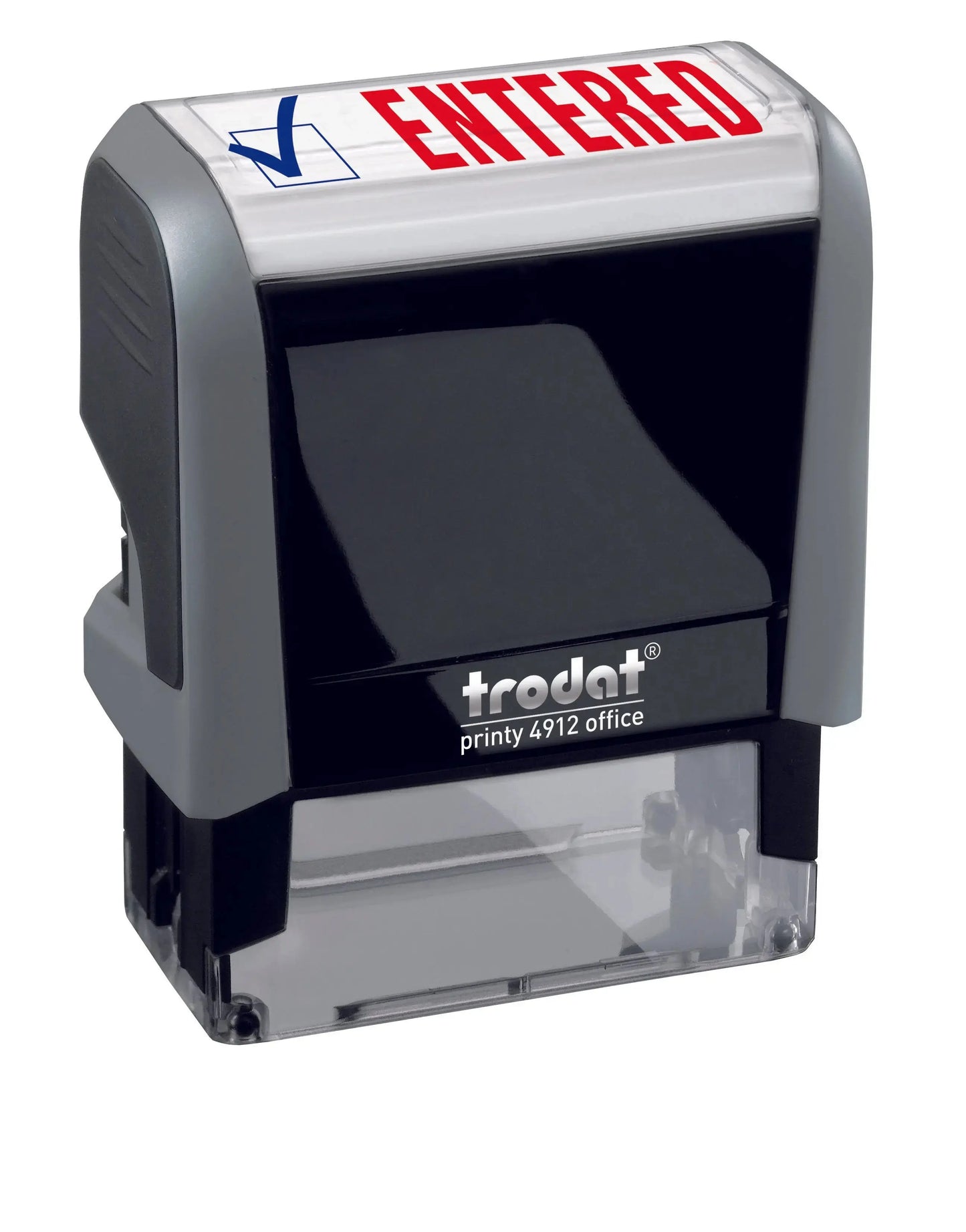 Trodat self-inking stamp with 'ENTERED' text on a white background