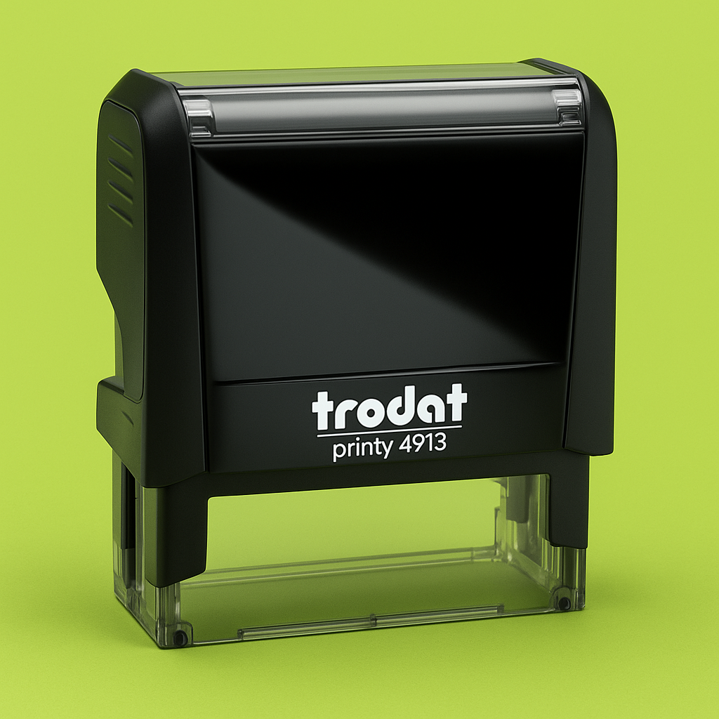 Black Trodat stamp on a lime green background