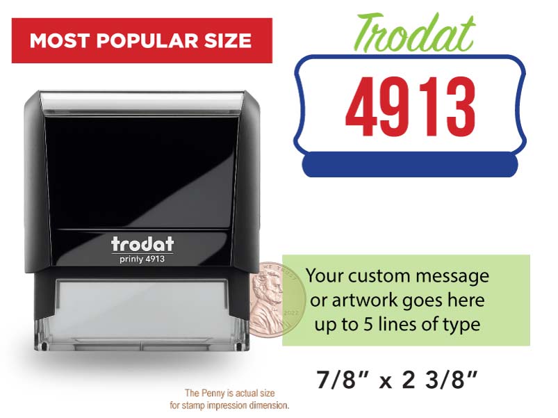 Trodat stamp with dimensions and features on a white background