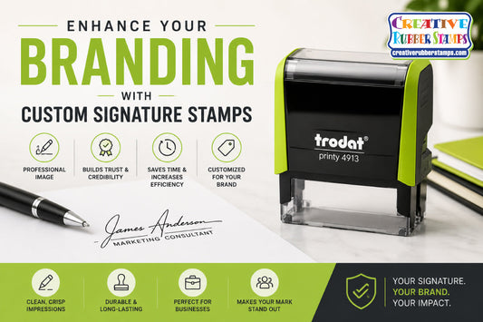 Advertisement for Trodat custom signature stamps with a pen and stamped paper.