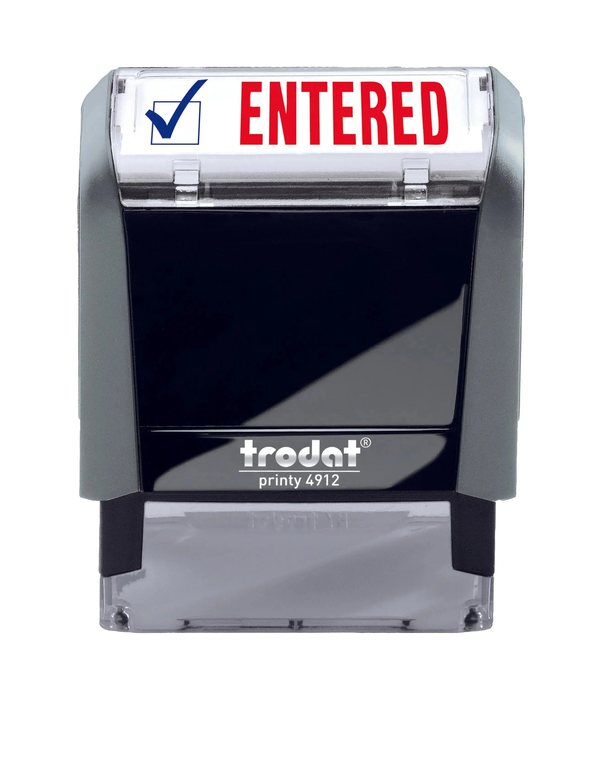 Trodat self-inking stamp with 'ENTERED' text and checkmark symbol on a white background