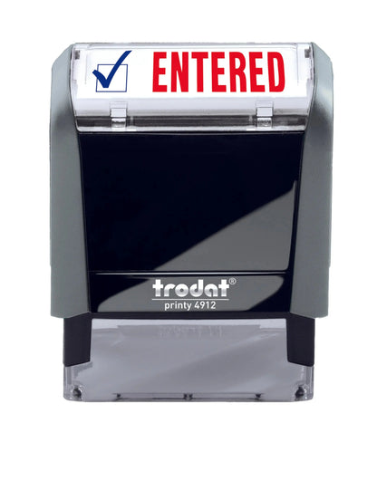 Trodat self-inking stamp with 'ENTERED' text and checkmark symbol on a white background