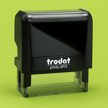 Black Trodat stamp on a lime green background